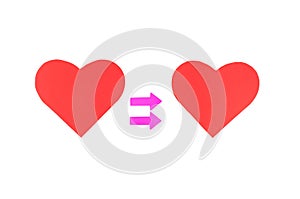 Two red paper hearts with two pink arrows, concept relationships