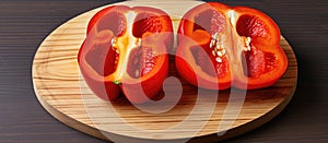 Two red peppers halved on wooden board, natural produce for food preparation