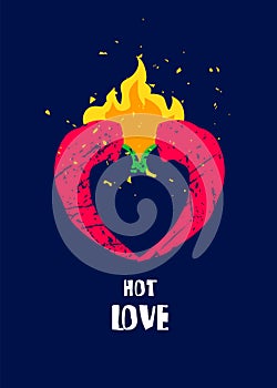 Two red peppers in the shape of a heart and fire on dark background. Flat style. Vector