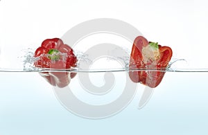 Two red peppers splashing in water