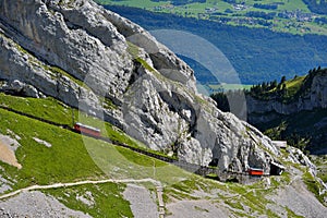 The two red Pilatus train, the world's steepest cogwheel railway