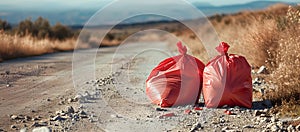 Two red plastic bags full of waste on a dusty rural road. environmental pollution concept. clear sky and open space. AI