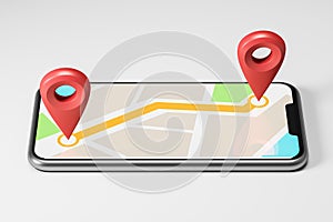 Two red pointers on map on smartphone screen