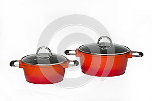 Two red pots on a seamless white background