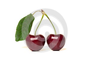 Two red ripe cherries with stems and a leaf on white background
