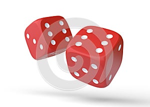 Two red rolling gambling dice in Flight on a white background