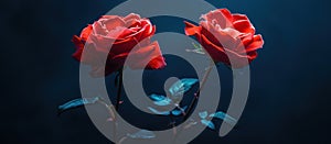 Two Red Roses in Vase on Blue Background