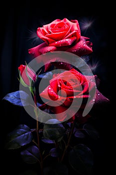 Two red roses with water droplets on them on black background. Generative AI