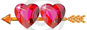 Two red ruby hearts struck by Cupid arrow