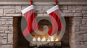 Two red stockings hanging from fireplace with candles. Can be used for Christmas or holiday-themed