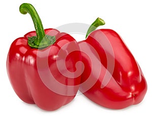 Two red sweet bell peppers isolated on white background. clipping path