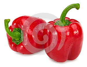 Two red sweet bell peppers isolated on white background. clipping path