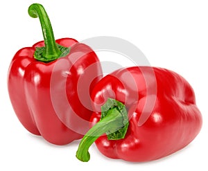 Two red sweet bell peppers isolated on white background. clipping path