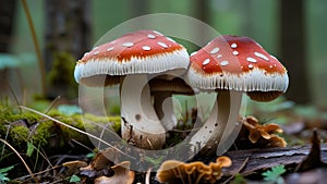 Two red toadstools with white spots in a forest