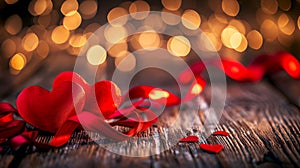 Two red velvet hearts tied with ribbon, glowing bokeh background. Valentine setting with red hearts and satin ribbon on wooden