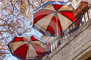 Two Red, White, and Blue Umbrellas