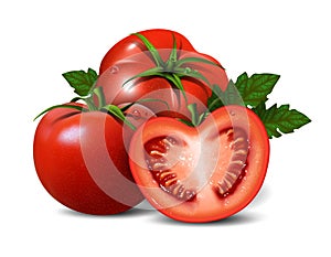 Two red whole tomatoes and one half tomato. Highly realistic illustration