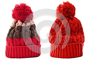 Two red winter knit ski hat red isolated white