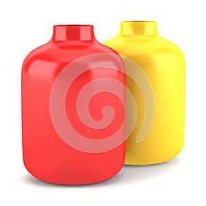 Two red and yellow ceramic vases isolated on white