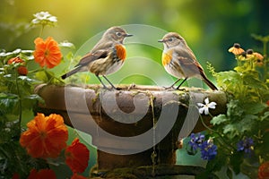 two redstart birds interacting on a birdbath in a lush green garden