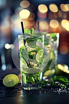 Two refreshing mojito cocktails served in glasses, garnished with fresh mint leaves and lime slices