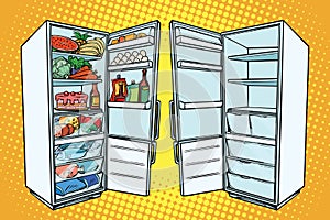 Two refrigerators. One with food and the other empty