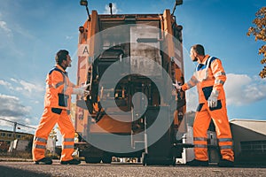 Two refuse collection workers loading garbage into waste truck