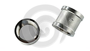 Two regular couplings of white metal with internal thread