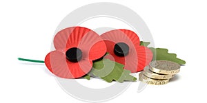 Two Remembrance Poppies with stacked UK coins