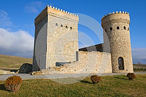 Two restored towers of the ancient Shemakha fortress. Shemakha, Azerbaijan