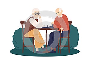 Two retired men sitting at table in the park and playing chess. Elderly friends enjoy strategy board game. Aged people