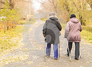 Two retired women dressed in jackets are engaged in Nordic walking in an autumn park in the middle of the trees. Rear