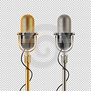 Two retro microphones - golden and chromium, on a checkered background. photo