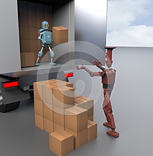 Two retro Robots with Shipping Boxes load in truck Render 3d