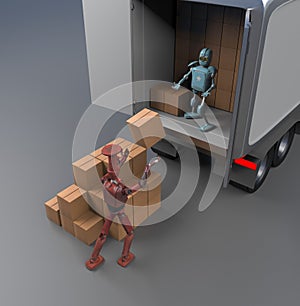 Two retro Robots with Shipping Boxes load in truck Render 3d