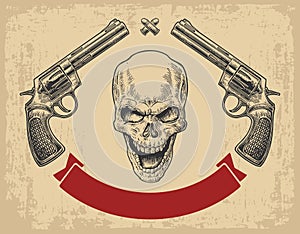 Two revolver with bullets, skull and ribbon.