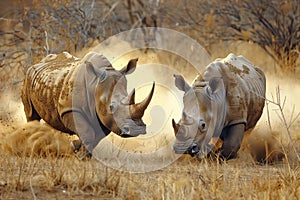 Two rhinoceros fighting. Generative Ai