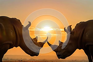 two rhinos facing each other during sunset