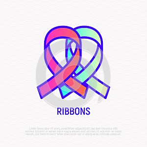 Two ribbons thin line icon: cancer awareness symbol. Modern vector illustration, emblem of solidarity and support