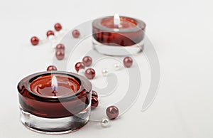 Two rich red candle holder votive and pearls