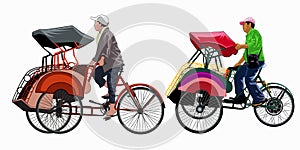 Two rickshaw yogyakarta full color vector with white background