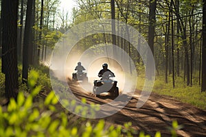 two riders on atvs racing alongside a forest trail, dust trail behind