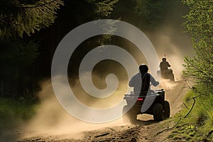 two riders on atvs racing alongside a forest trail, dust trail behind