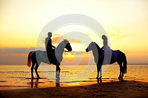 Two riders on horseback at sunset on the beach. Lovers ride horseback. Young beautiful man and woman with a horse at the sea. Rom