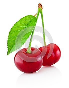 Two ripe cherries with leaf isolated on white background