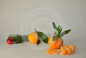 Two ripe juicy tangerines and several peeled slices, a spruce branch and a Christmas tree toy on a white background.
