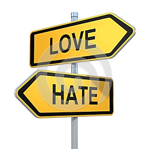 Two road signs - love hate choice