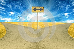 Two roads, road sign ahead with arrows blue sky background