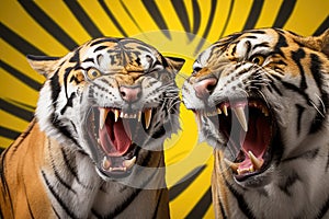 Two roaring tigers on bright yellow background
