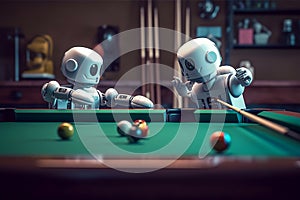 two robot friends playing pool billiard table game together, Generative AI